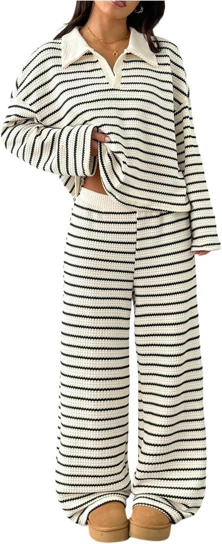 MakeMeChic Women's 2 Piece Sets Striped Long Sleeve Collared Tops Shirt Wide Leg Pants Fall Outfits (Black and White, L)