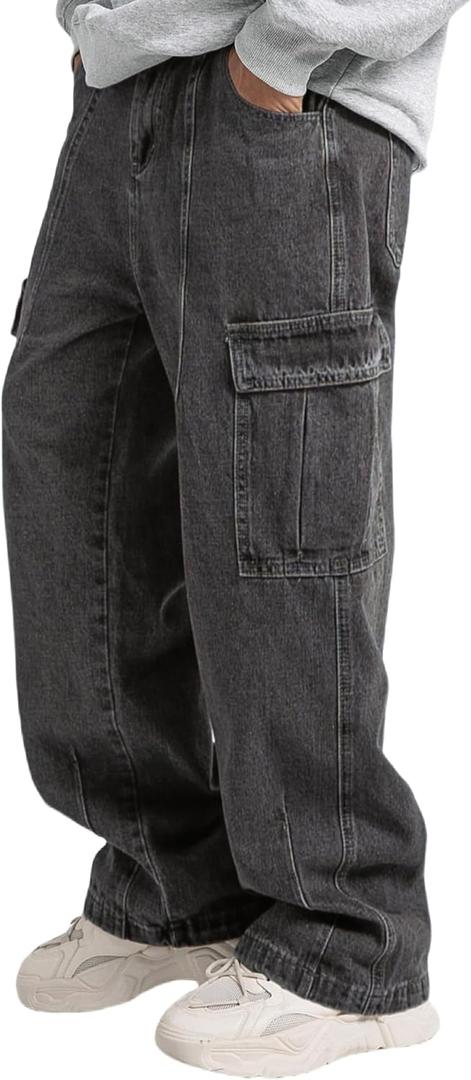 Mens Baggy Jeans for Men Women Y2k Skater Vintage Plain Pants Multiple Pockets Casual Wide Leg Loose Fit Cargo Denim Jeans (XXL)