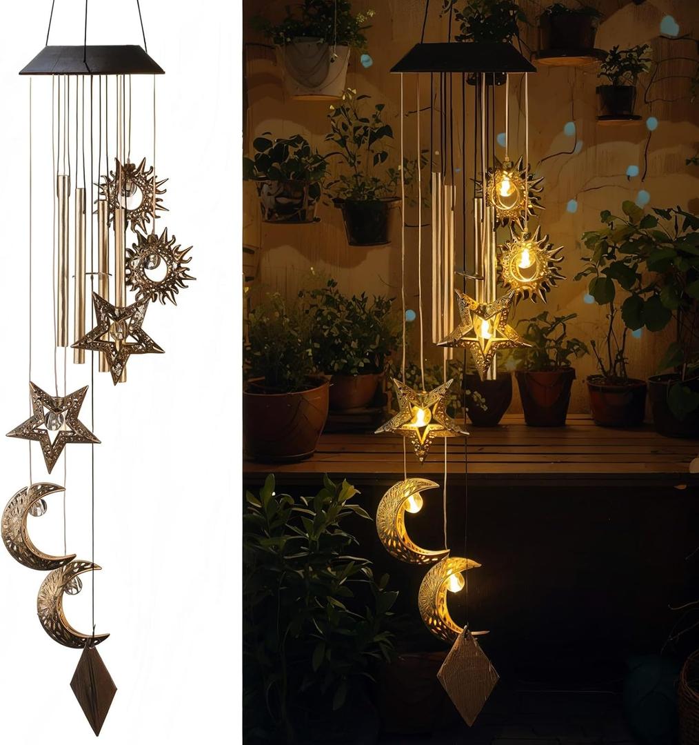 Colingmill Solar Wind Chimes for Outside Waterproof Hanging Wind Chimes Lights Outdoor Decor Yard Garden Gifts for Mother Mom Grandma Wife Neighbors(Sun Moon Star,Warm Colored Lights)