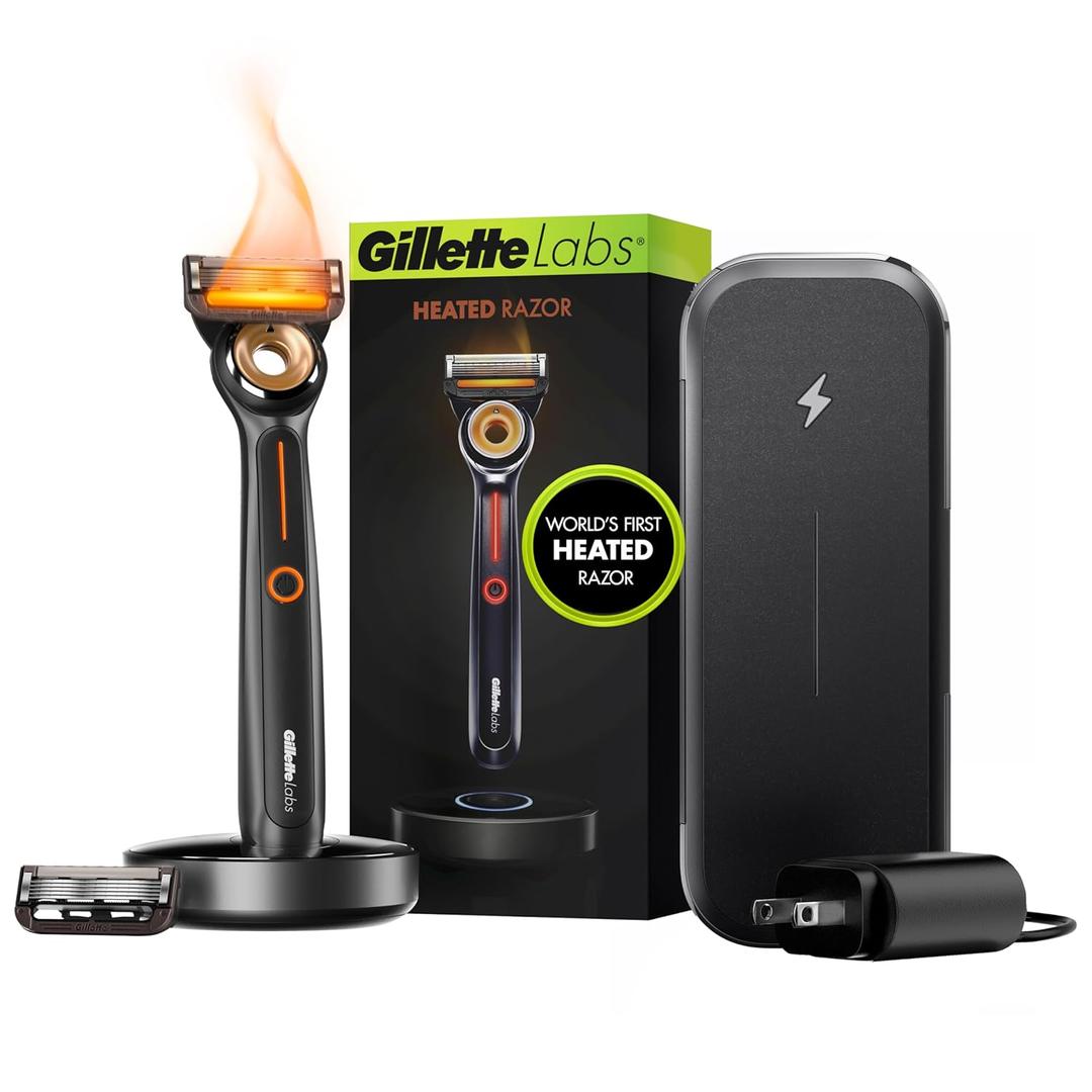 Gillette Heated Razor for Men, Deluxe Travel Shave Kit by GilletteLabs, 1 Handle, 2 Blade Refills, Charging Dock, Case