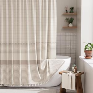 AmazerBath Boho Shower Curtain, Modern Farmhouse Shower Curtain Set with Tassels, Rustic Faux Linen Pink Striped Shower Curtain with Hooks, Light Tan Toned, 72x72 Inches