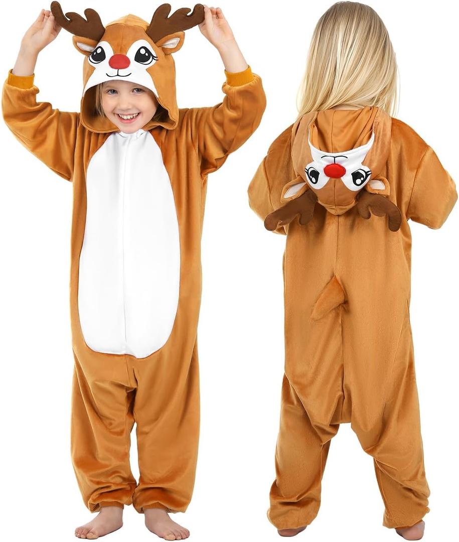 Christmas Cosplay Dress Up Hooded Animal Onesie Costume for Kids 4-12, Plush Xmas Holiday Gift for Boys & Girls (Medium ( 7-8 Years ), Reindeer)