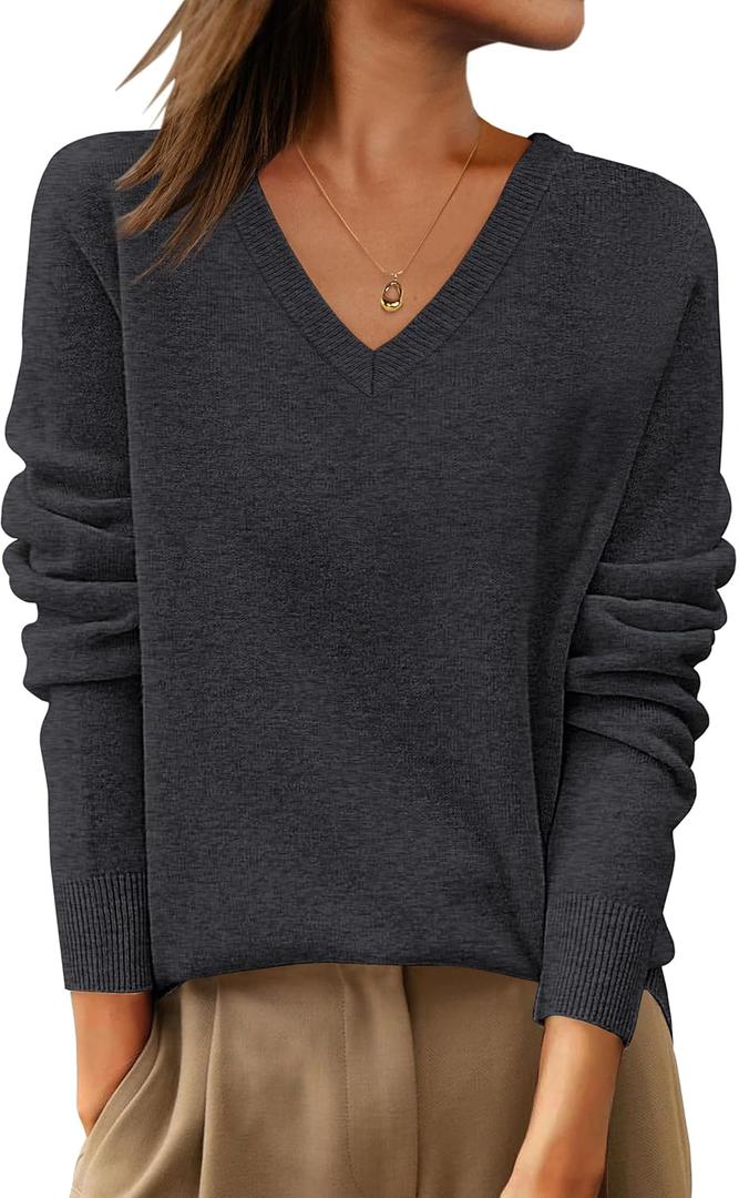 ANRABESS Womens 100% Wool Sweaters V Neck Long Sleeve Work Business Casual Basic Pullover Sweater Tops 2025 Fall Outfits (Medium, Deep Gray)