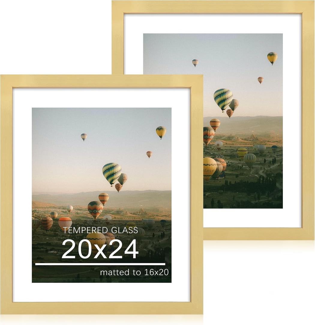 20x24 Picture Frame Set of 2, 20 x 24 Wood Poster Frames with Mat for 16x20, Wooden Photo Frames with Tempered Glass Cover for Wall Display, Gold