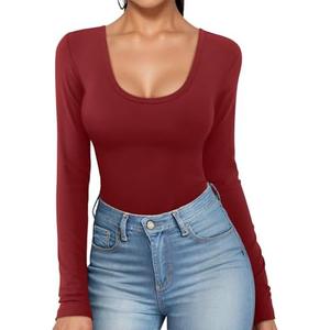 DittyandVibe Womens Scoop Neck Long Sleeve Tops Low Cut Slim Fitted Shirts Casual Tee Tshirt, L