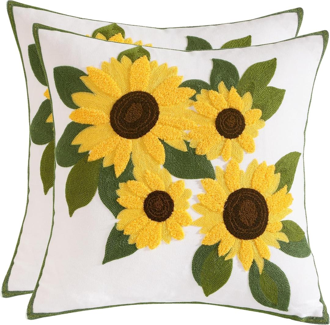 Tosleo Embroidered Throw Pillow Covers 18 x 18 inch Pack of 2 Cute Sunflower Spring Decorative Pillowcases Farmhouse Cotton Pillow Cushion Cases Home Decor Square Floral Pillow Case