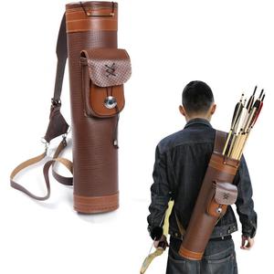 TOPARCHERY Traditional Shoulder Back Quiver Bow Leather Arrow Holder with Large Pouch Handmade Straps Belt Bag Brown