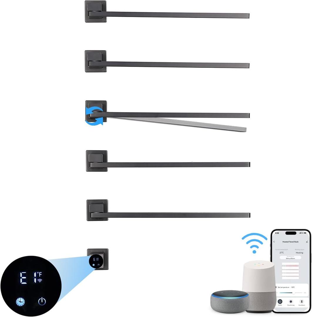 Smart Wall Mounted Towel Warmer Hardwired 93W Heated Rack with WiFi Voice Controlled, 180 Rotation, 115-145F Adjustable, 24H Timer, Modern Gray Bathroom Heated Towel Rack Smart Wall Mounted Towel Warmer Hardwired 93W Heated Rack with WiFi Voice Controlled, 180 Rotation, 115-145F Adjustable, 24H Timer, Modern Gray Bathroom Heated Towel Rack