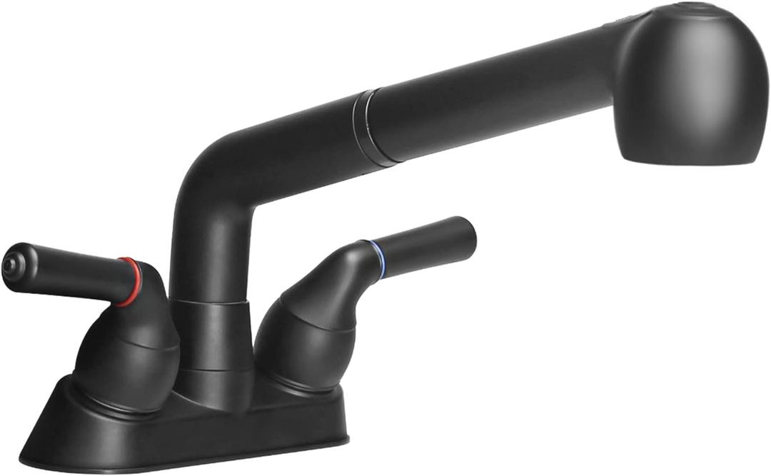 Utility Sink Faucet, Laundry Room Faucet with Pull Out Sprayer, Laundry Tub ABS Plastic Faucet, 4 Inch Centerset 3 Holes Installation Non-Metallic, Matte Black