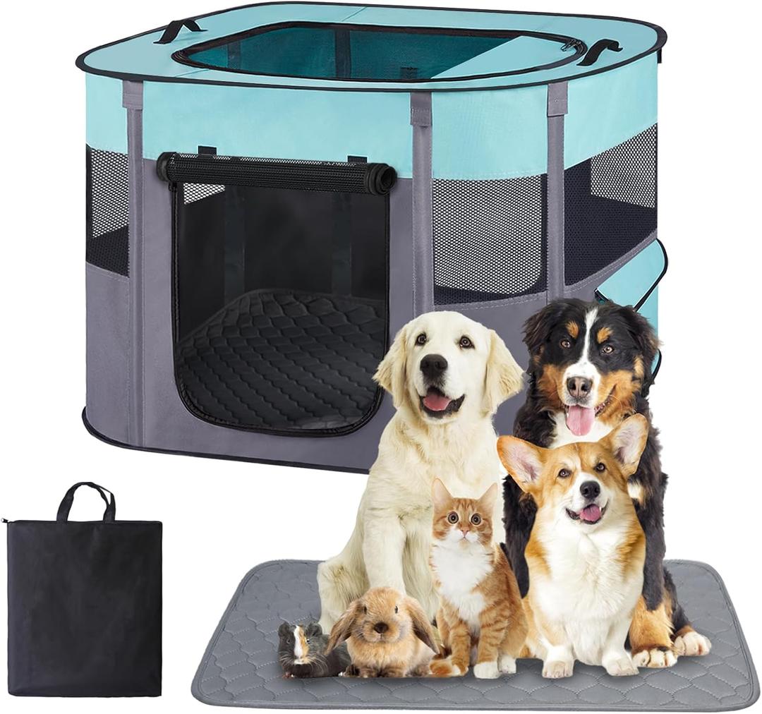 Large Dog Cat Playpen Crate with Waterproof Pad,Portable Collapsible Pet Dog Cat Kennel Cage Tent,Suitable for Indoor Outdoor Travel Camping,Water-Resistant Breathable Shade Cover (Green L)