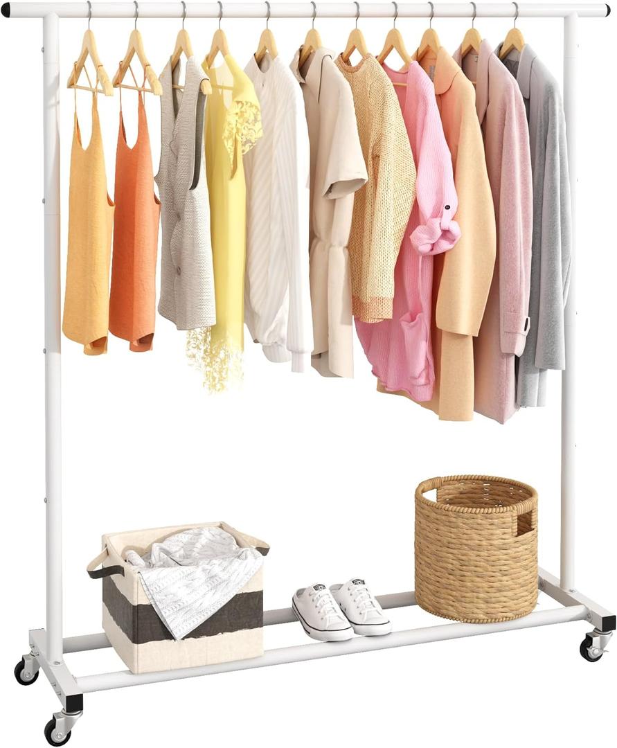 Buzowruil Rolling Garment Rack Freestanding Clothing Organizer with Wheels, Sturdy Metal Frame, Adjustable Rod, Space-Saving Design, White