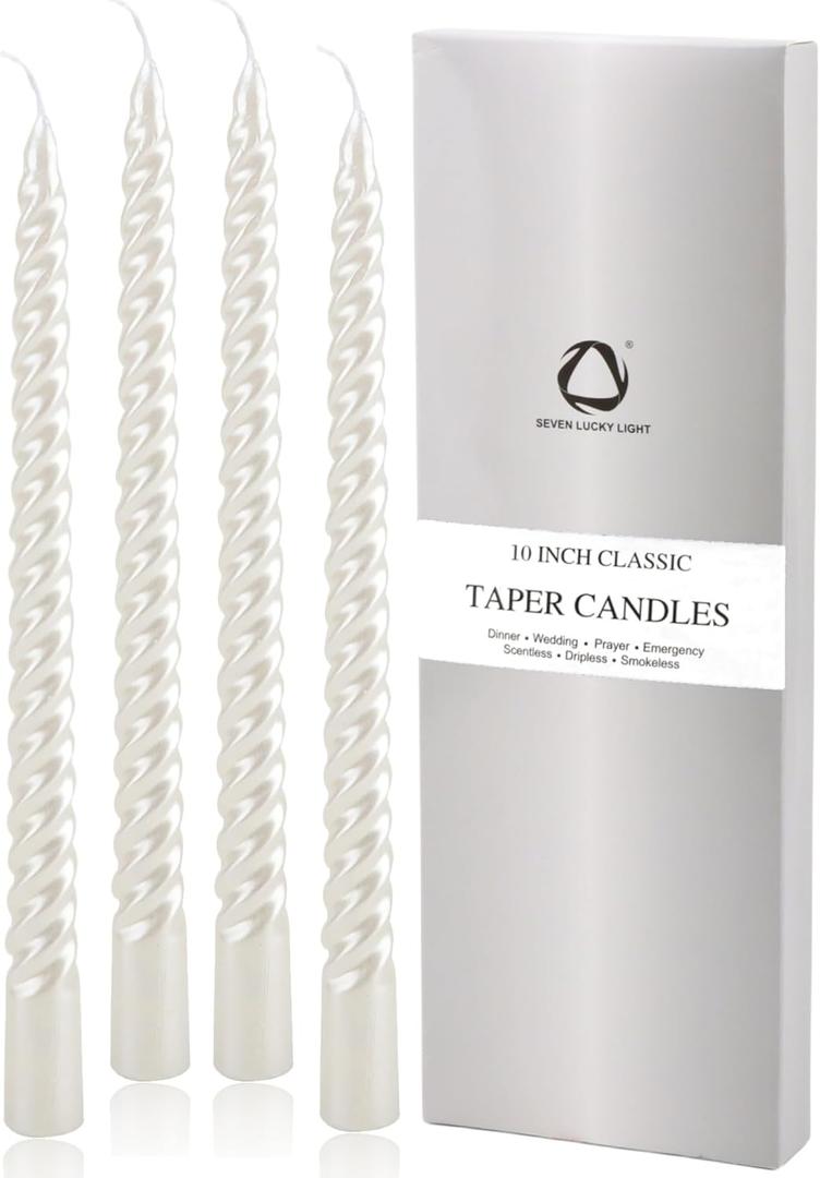 SEVEN LUCKY LIGHT Taper Candles,10 inches Ture Dripless White Candlesticks,8 hrs Clean Burning Candle Sticks,4 Packs Candlesticks Set,Great Dinner Candles,Wedding Candles