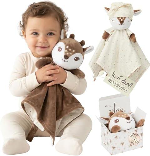 Zelkii Reversible Lovey for Babies, Security Blanket for Babies with Pacifier Holder, Fawn Deer Lovey for Baby, Day-to-Night Comfort Companion, Patent-Pending Oeko-TEX Certified
