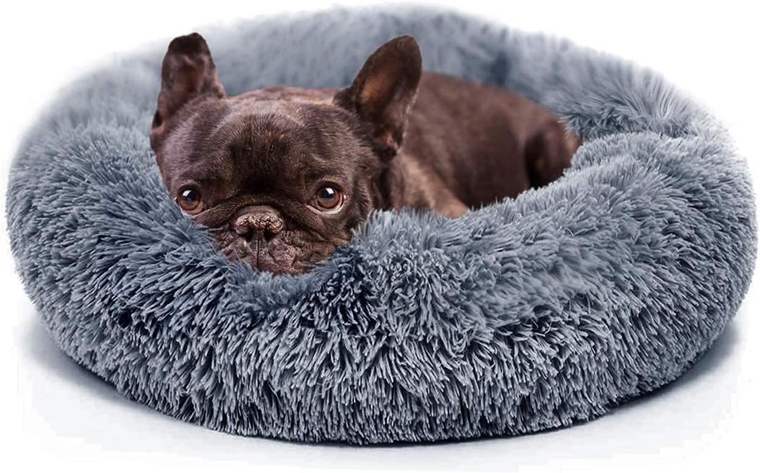 Small Calming Dogs Bed for Small Dogs Anti-Anxiety Machine Washable Fluffy Luxury Anti-Slip Waterproof Mute Base Warming Cozy Soft Pet Puppy Round Bed (19.0"L x 19.0"W x 6.0"Th, Dark grey)