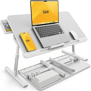SAIJI Laptop Bed Tray Table, Adjustable PVC Leather Laptop Bed Table, Portable Standing Desk with Storage Drawer, Foldable Lap Tablet Table for Sofa Couch Floor (Large,White)