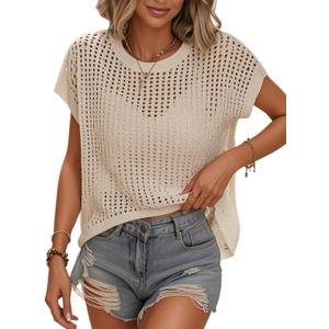 Bellcoco Crochet Tops for Women Summer Vacation Outfits Beach Cover Ups Cute Hollow Out Pullover Sweater Vest Cap Sleeve Clothes 2025 Apricot Medium