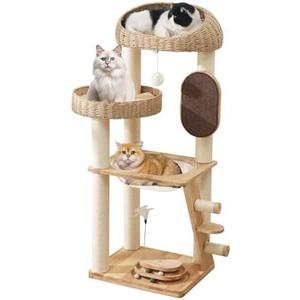 Modern Cat Tree, Cat TreeTower with Space Capsule, Hand-Woven Basket Nest, Sisal Posts & Scratching Board, 50 Inch Heavy-Duty Multi-Level Indoor Wood Tower