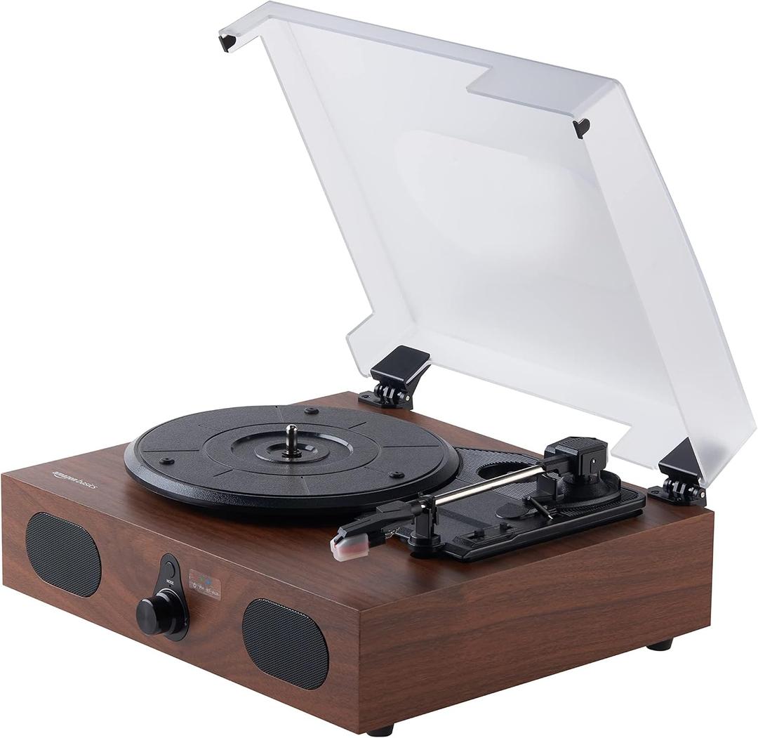 Amazon Basics Desktop Vinyl Record Player Turntable with Bluetooth Playback, Built-in Speakers, 3-Speed, Wireless Playback, Black