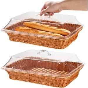 2 PCS Imitation Rattan Bread Baskets, 15.8 x 11.8 in Large Wicker Bread Baskets with Acrylic Lids, Rattan Food Serving Tray for Kitchens, Dining Tables, Restaurants