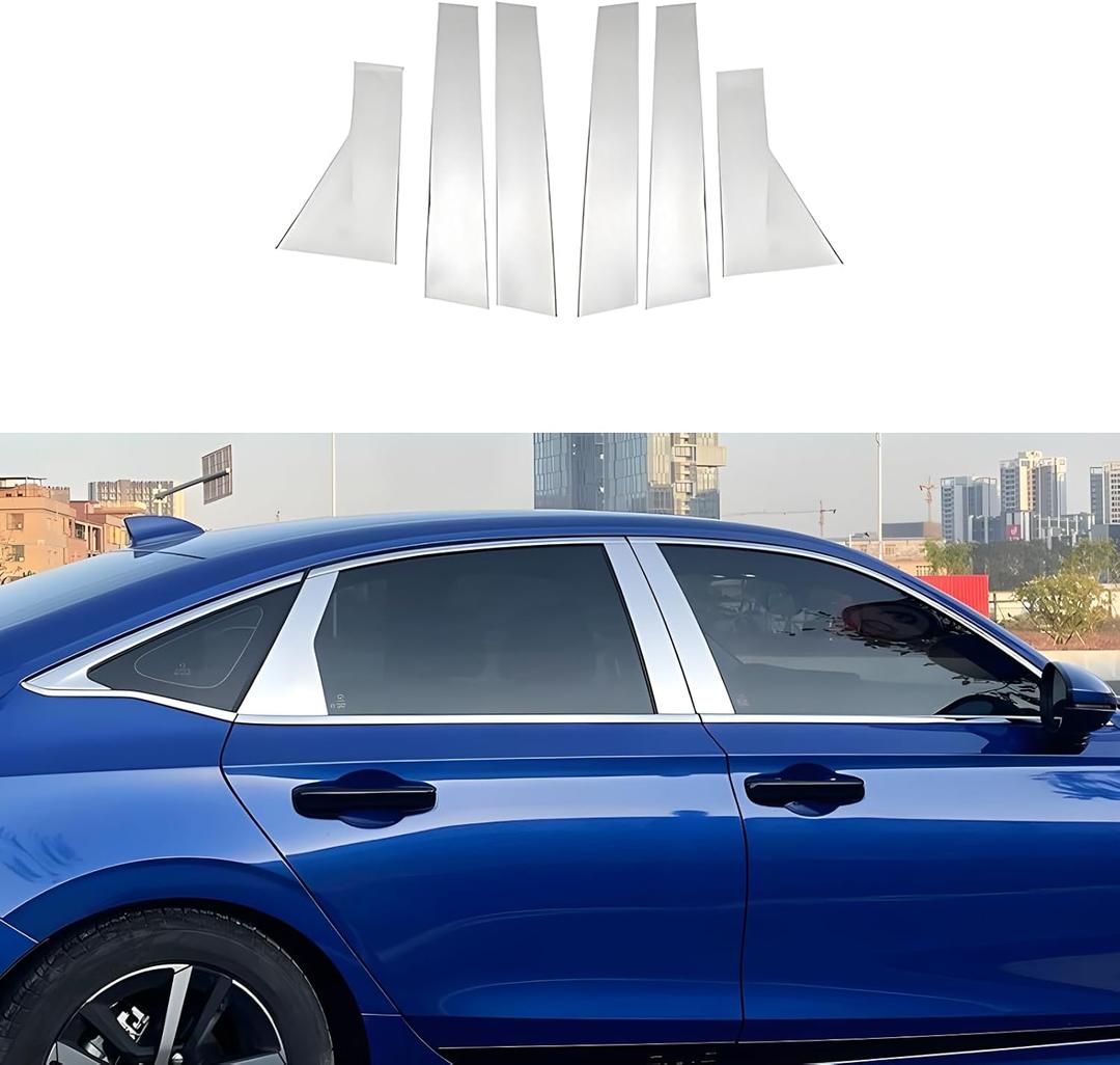 6 PCS Stainless Steel Chrome Silver Window Pillar Post Trims for Honda 11th Gen Civic 4-Door Sedan 2022 2023 2024 2025,Body Exterior Accessories,Window Center Pillar Decorative Decals