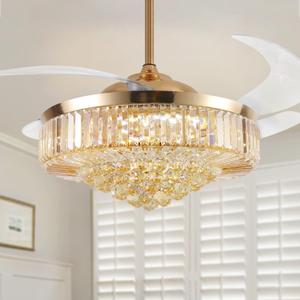 52 Inch Crystal Ceiling Fan with Light and Remote Modern Dimmable Fandelier Invisible Retractable Chandelier Fan Gold for Bedroom Living Room