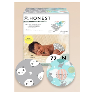 The Honest Company Clean Conscious Diapers for Sensitive Skin | Up to 100% Leakproof | Hypoallergenic, Fragrance Free | Gender Neutral | Club Box, Size Newborn, 72 Count (Prints May Vary)