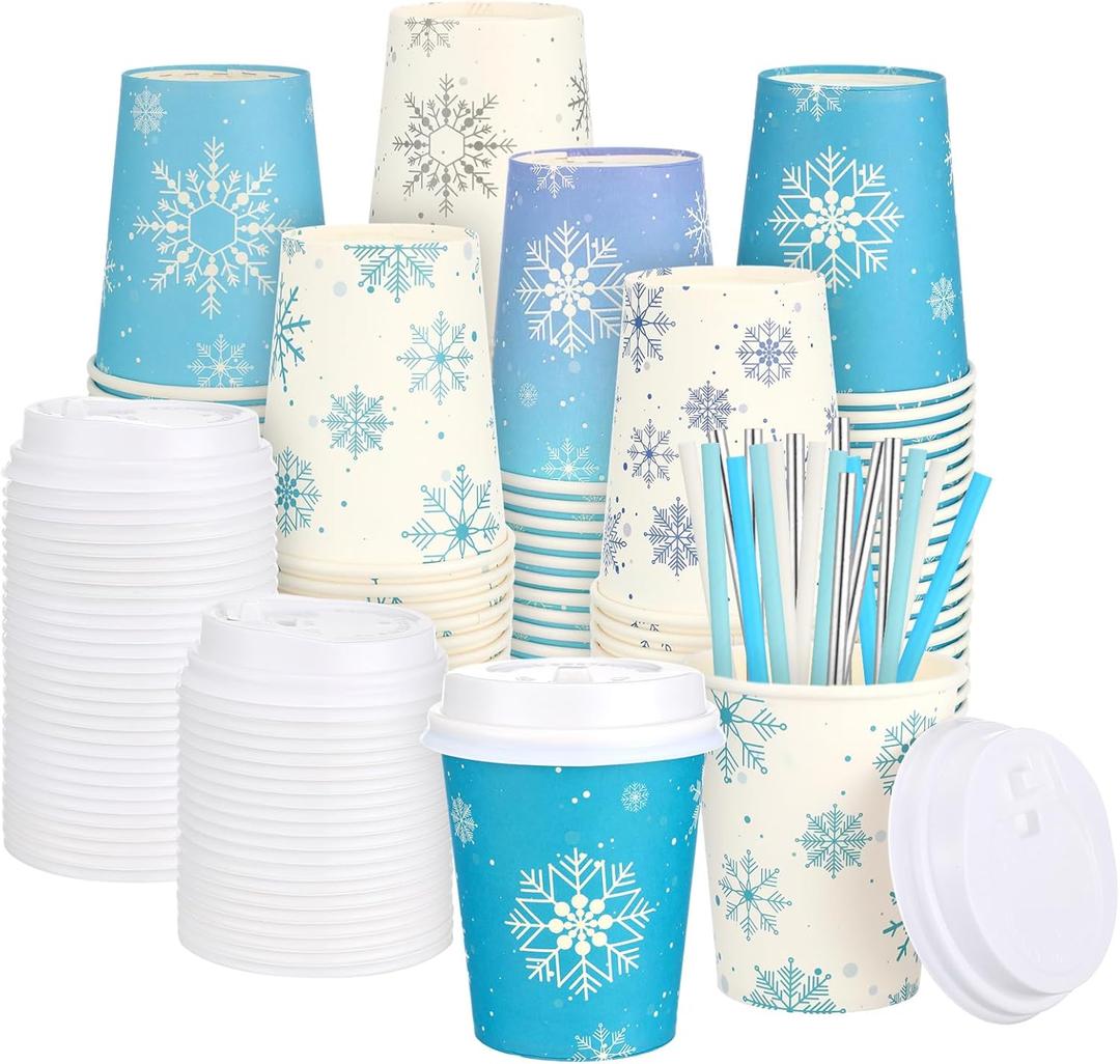 48 Sets 9 oz Christmas Snowflake Disposable Coffee Cups Hot Coffee Paper Cups with Lids and Straws Bulk Disposable Espresso Tea Mug for Christmas Holiday Party Supplies