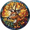 Deer Round Tin Sign Circular Stained Glass Style Metal Plaque Wreath Wall Decor Porch Home Kitchen Restaurant Bath Garden Backyard Hanging Garage Office Bar Decor Gift 12 Inch