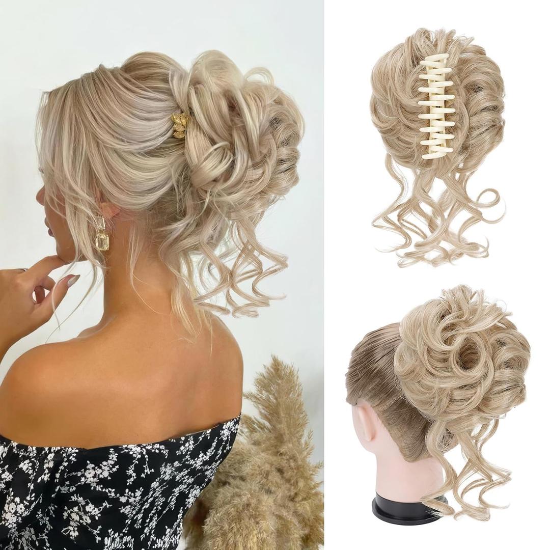 Messy Bun Hair Piece Claw Clip Bun Hair Accessories for Women Messy Wavy Curly Bun Extensions Short Tousled Updo Synthetic Hair Extensions(Brown & Bleach Blonde)