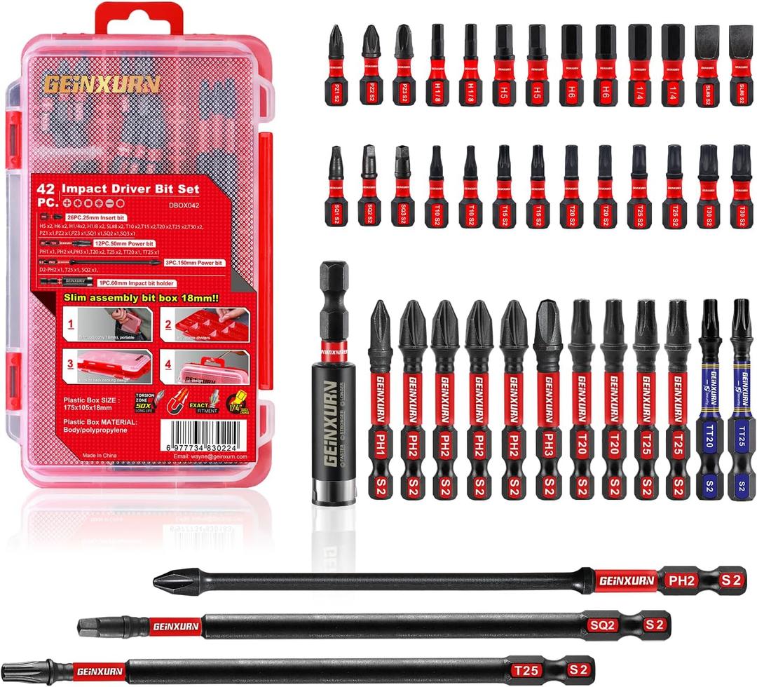 42pieces Screwdriver Bits Set, Impact Magnetic S2 Steel Multi Insert Power Bits Tips with Impact Bit Holder with Storage Box（PH/TORX/SQ/PZ/HEX/SL）