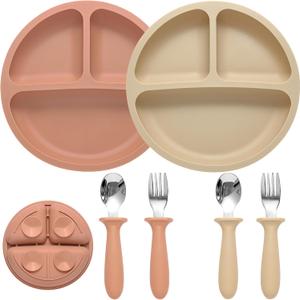 Eascrozn Silicone Baby Feeding Set, 2 Pack Divided Suction Plates for Baby, 2 Pack Spoons and Forks Set Baby Eating Essentials, Feeding Supplies for Toddler Utensils, BPA Free (Pink)