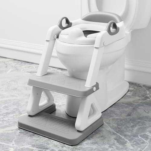 Potty Training Seat with Step Stool Ladder for Kids and Toddler, Wiifo Sturdy Potty Ladder with Soft Padded Cushion for Toddler Boys and Girls(Light Grey) 2025 New Version