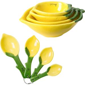 Lemon Shaped Measuring Cups and Spoon Set, Ceramic Kitchen Tools for Bakers, 4 Measuring Cups and 4 Measuring Spoons, Fresh Citrus Decor, Novelty Lemon Accessories, Unique Gift for Kitchen