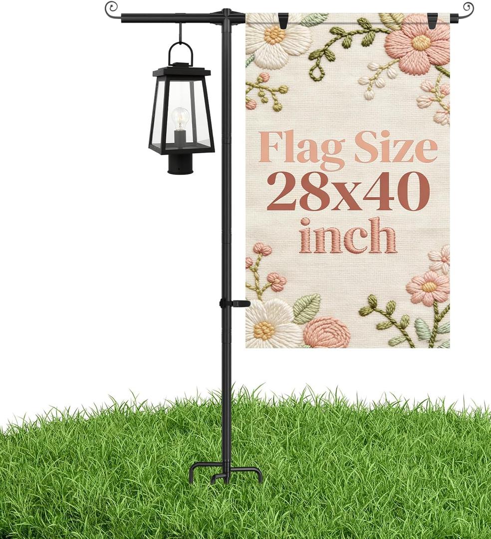 Garden Flag Stand Holder with Shepherd Hooks for 28 x 40 Flag, 63 Inch Height with 3/4 Inch Extra Thick Heavy Duty Garden Flag Pole with 4 Prong Base for Outside Home Yard Patio Decor