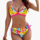 Blooming Jelly Women's Bikini Set Two Piece Swimsuit Triangle Top String Mid Rise Bottom Cheeky Bathing Suit, L