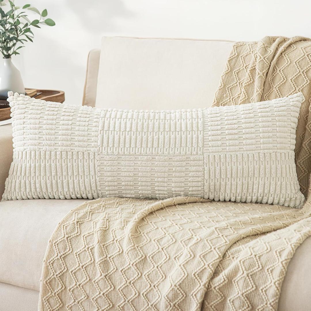 Softalker Lumbar Pillow Cover 14x36 Inch, Beige Set of 1 Soft Corduroy Boho Outdoor Striped Textured Pillow Case Modern White Accent Pillow Cover for Couch Bed Bench Living Room, Cream