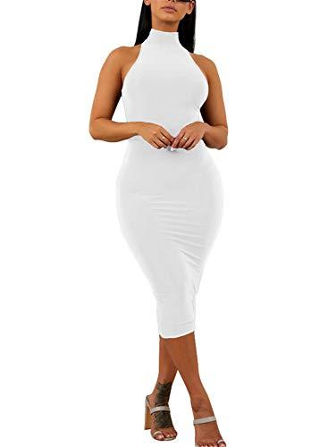 GOBLES Women's Sexy Halter High Neck Elegant Sleeveless Bodycon Midi Club Dress White, XL