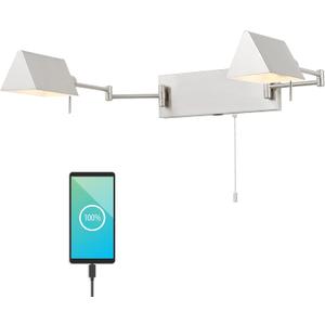 JONATHAN Y 54" Nickel 2-Light Double Swing Arm LED Wall Sconce, Industrial Farmhouse Iron Wall Lamp with Pull-Chain, USB, Metal Shades (JYL6016B)