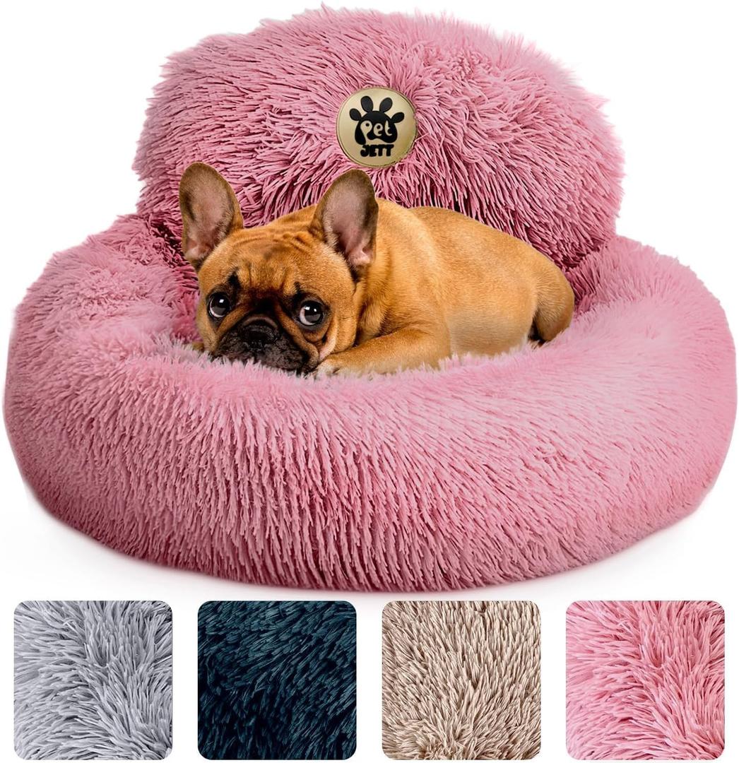 PetJett Calming Dog Bed for Small Dogs  23" Donut Dog Beds, Anti-Slip & Washable Fluffy Plush Faux Fur Pet Bed, Anti-Anxiety Premium Comfort Round Puppy Bed, Fits Dogs up to 25 lbs  Pink