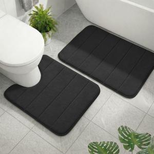 Memory Foam Bathroom Rugs Sets 2 Piece, Extra Soft Absorbent Quick Dry Bath Mat Set, with U-Shaped Toilet Rug, Machine Washable Non Slip Bath Rugs for Bathroom, Shower and Tub, Black