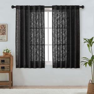 OWENIE Black Faux Linen Curtains for Bedroom Living Room 63 Inch Length 2 Panels Set, Light Filtering Thick Faux Linen Textured Dining Room Curtains Drapes, Modern Back Tab Top, Black, 42" W x 63" L