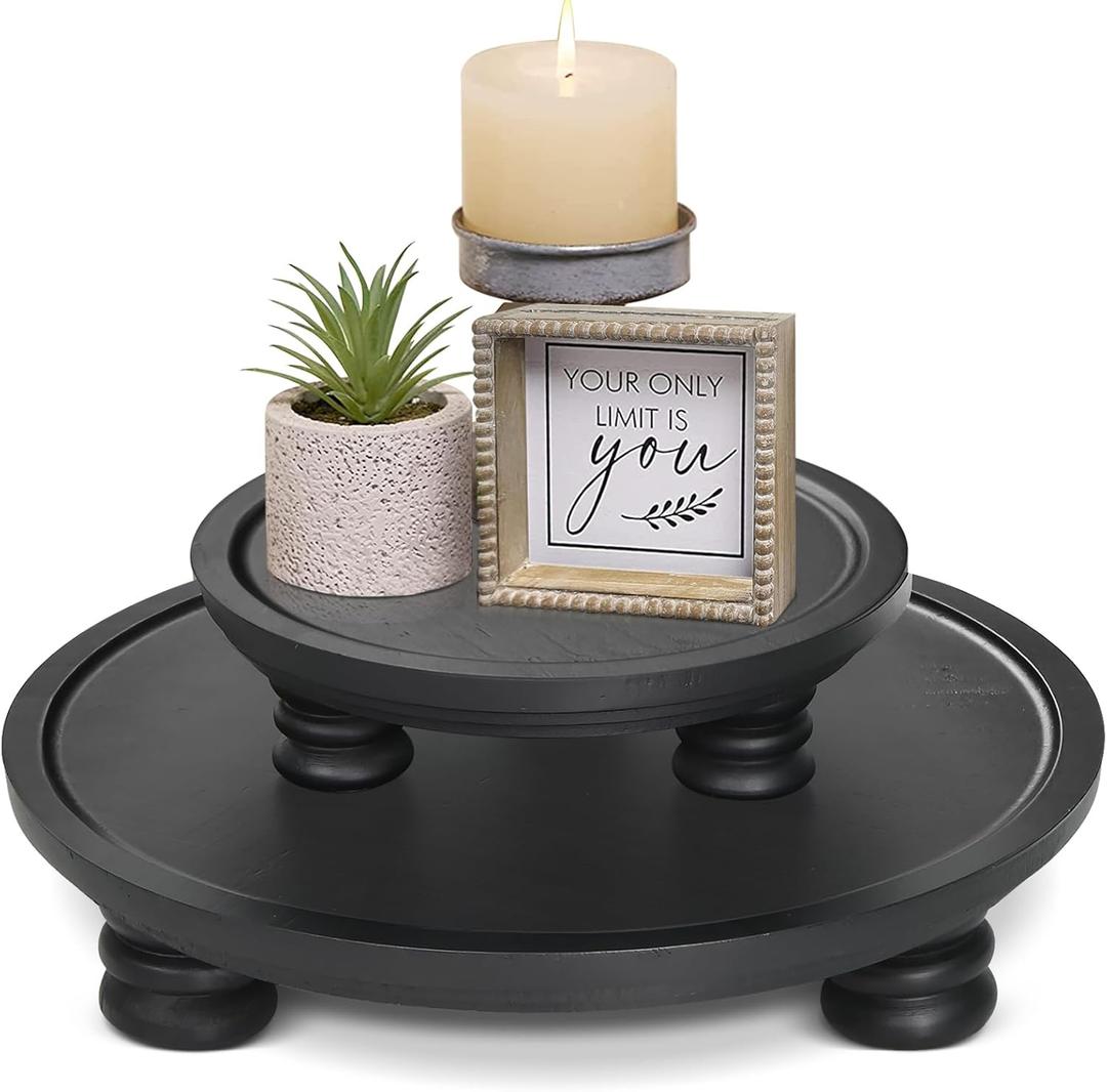 2 Pcs Wooden Risers for Display, Round Wood Tray Decor, Farmhouse Pedestal Stand for Indoor, Rustic Decorative Display Stand for Kitchen Counter Decor, Decorative Cake Holder Plate