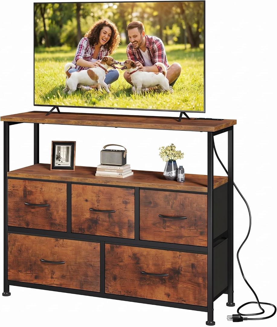 DUMOS TV Stand with 5 Fabric Drawers, Open Shelf & Charging Station, 38"D x 11.8"W x 31.5"H