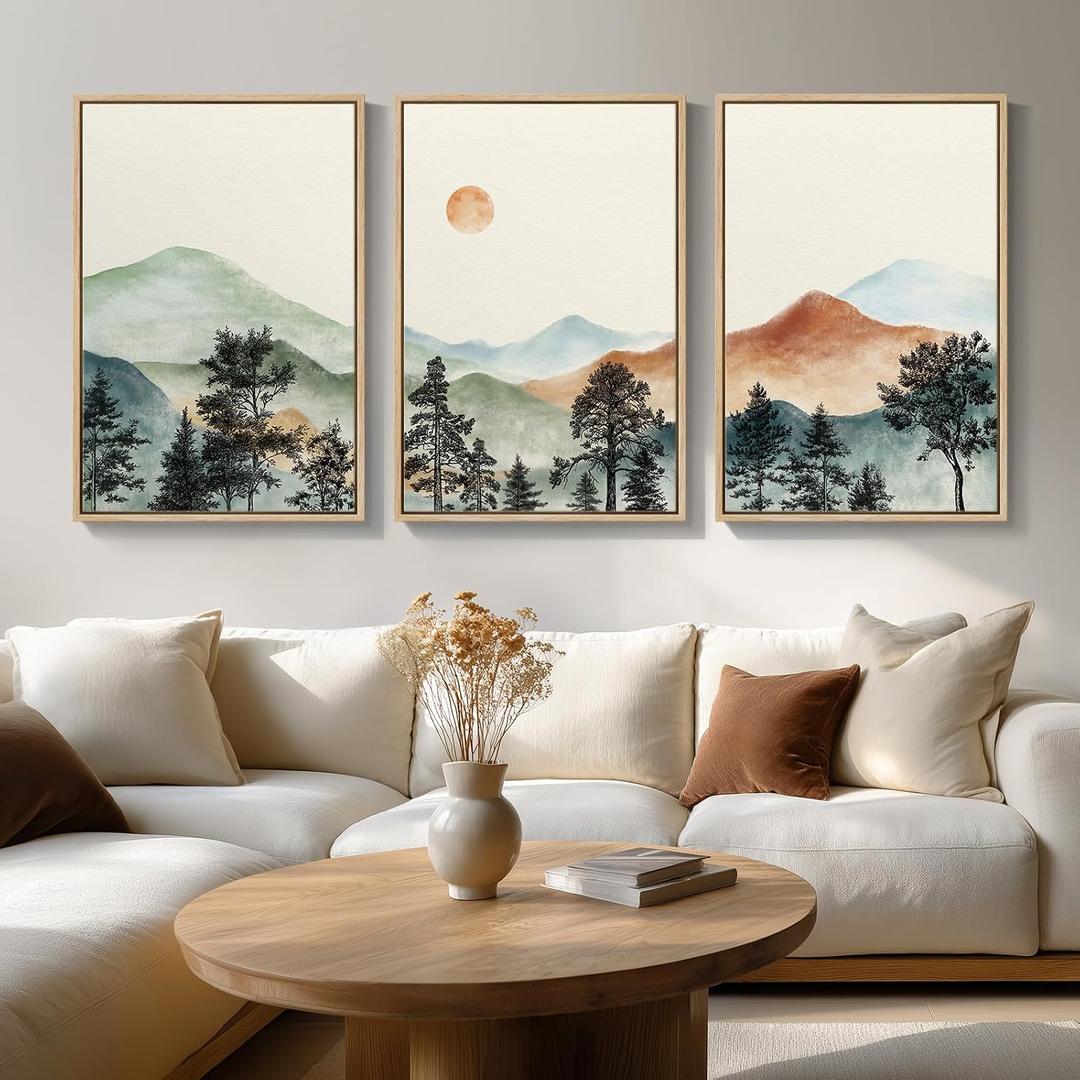 Framed Large Mountain Wall Art for Living Room, 3 Piece Boho Watercolor Landscape Artwork for Walls, Mid Century Modern Mountain Forest Sunset Scenic Canvas Prints for Office Hallway Decor, 24x36 Inch