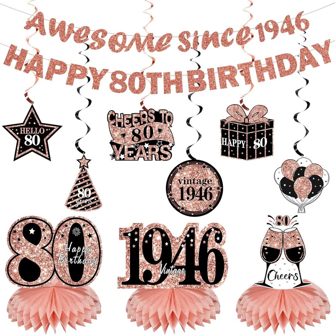 Kuxriox 11Pcs 80th Birthday Decorations Kit for Women, Rose Gold Happy 80th Birthday Banner, Awesome Since 1946 Centerpieces Swirls Party Supplies, Eighty Bday Banner Ceiling Table Topper Sign
