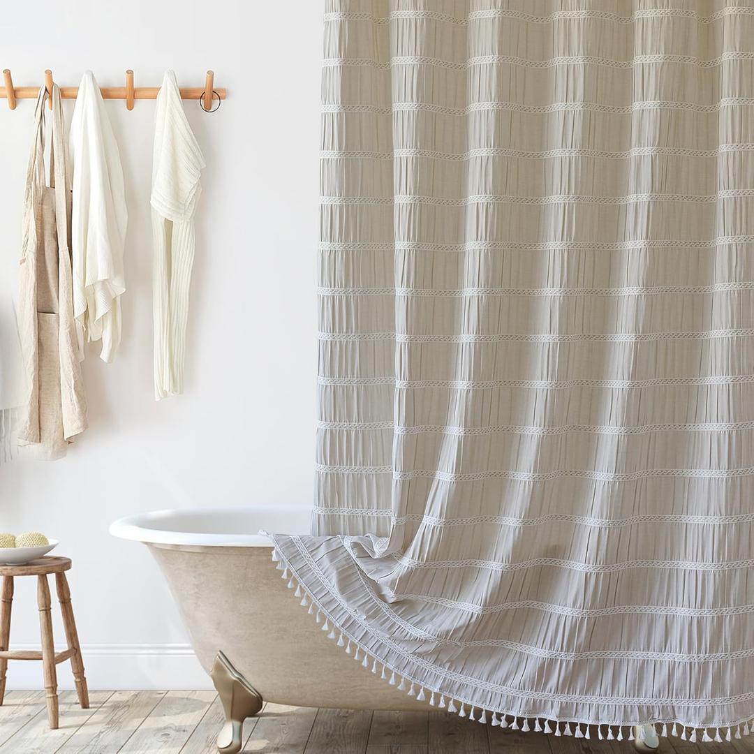 Siiluminisoy Long Shower Curtain 72 x 78 Inch Beige Shower Curtain Fabric Striped Cotton Blend Thick Modern Farmhouse Shower Curtains for Bathroom Vintage Decor, Cream