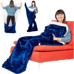 Premium Double Layer Foot Pocket Blanket -Patent Pending- TV Throw - Gamer Gifts for Men Who Want Nothing - Lap Blanket (Double Layer Sherpa-Fleece, Velvet Blue)