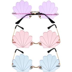 Angoily 3PCS Rimless Seashell Sunglasses, UV Protection Fun Glasses for Themed Events Lightweight Comfortable Eyewear Hawaiian Summer Photo Props Beach Party Eyewear for Women Mermaid Accessories
