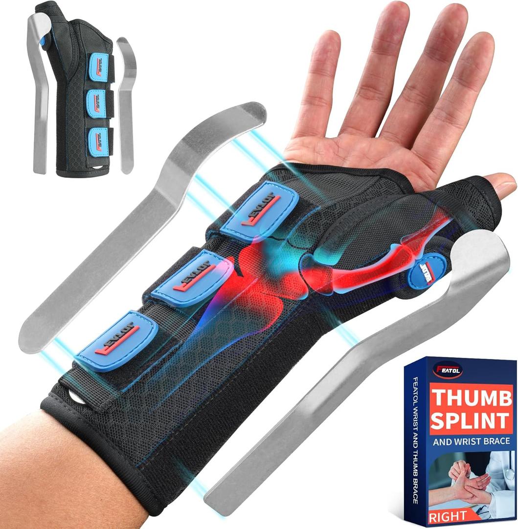 FEATOL Carpal Tunnel Wrist Brace Night Support, Thumb Spica Splint Right Hand for De Quervains Tenosynovitis, Tendonitis, Thumb Brace for Women Men, Black Blue, Small/Medium