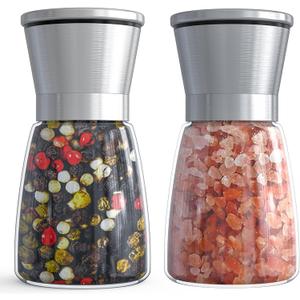 Ebaco Salt and Pepper Grinder Set - Refillable Grinder Adjustable Coarseness of Pepper Salt Spice Stainless Steel Mills Glass 6oz2 Pack (2pcsSliver-1)